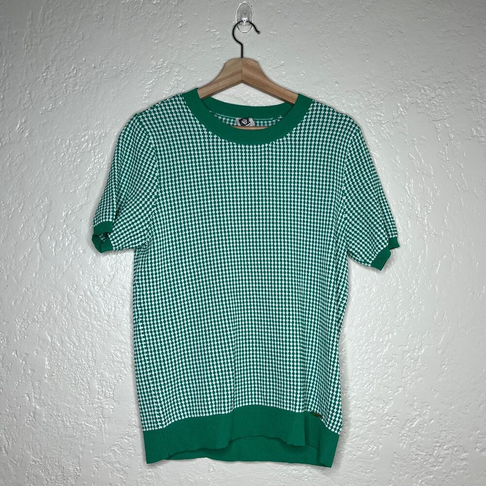 Anne Klein Green White Knit Crewneck Short‎ Sleeve Sweater Size Medium